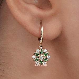 Round Green Gemstone Dangle Earrings For Wedding, Round Cut Natural Diamond Earrings, Yellow Gold Earring For Her, Anniversary Gift For Wife
