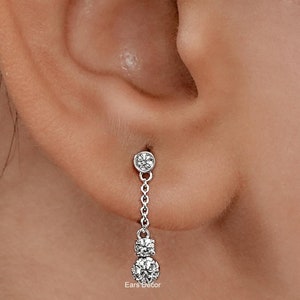 Round Cut Lab Grown Diamond Bridal Earrings, EF-VS Clarity Dangle Earrings For Birthday Gift, 14K Solid Gold CVD Diamond Long Drop Earrings