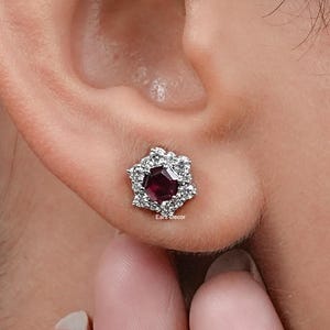 Halo Earth Mined Diamond Bridesmaid Earrings, Red Ruby Hexagon Gemstone Stud Earrings, 14K White Gold Screw Back Lab Grown Diamond Earrings