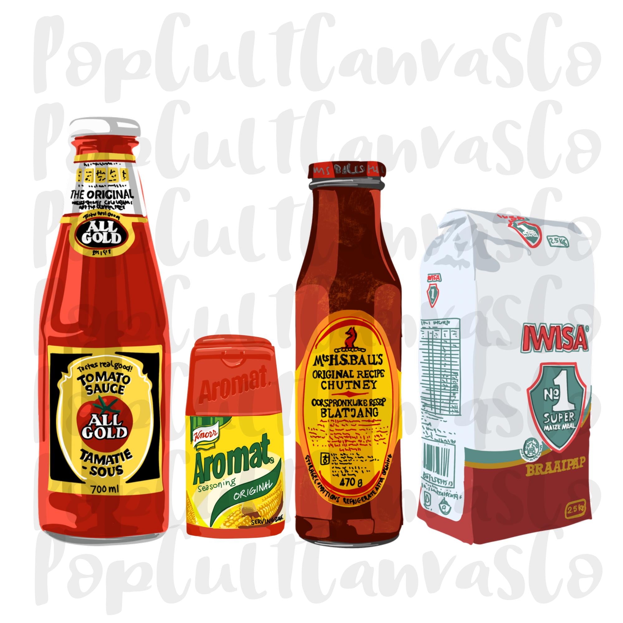 South Africa, Braai Day, Heritage Day Favourites, All Gold Tomato Sauce, Mrs Balls Chutney, Aromat, IWISA Braai Pap, PNG Illustrations