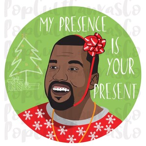 Peut inclure: Un cercle vert avec une image de dessin animé d'un homme portant un pull de Noël rouge et blanc et un nœud rouge sur la tête. Le texte "My presence is your present" est écrit en blanc sur le fond vert.