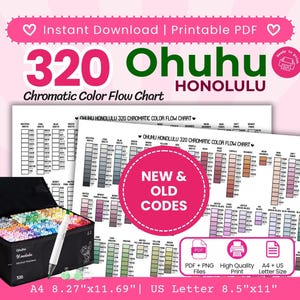 Peut inclure: Un tableau de flux de couleurs chromatiques PDF imprimable pour 320 marqueurs à alcool Ohuhu Honolulu. Le tableau affiche des codes couleur, une trousse noire remplie de marqueurs et le texte New & Old Codes. Dimensions : 21,0 cm par 29,7 cm et 21,6 cm par 27,9 cm.