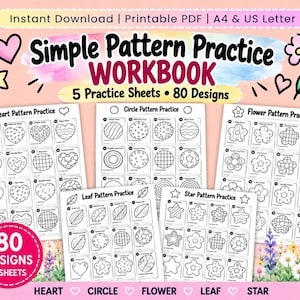 Può includere: Un quaderno di esercizi intitolato Simple Pattern Practice WORKBOOK con 5 fogli di pratica e 80 disegni. I fogli includono disegni al tratto in bianco e nero di motivi a cuore, cerchio, fiore, foglia e stella su uno sfondo rosa chiaro.