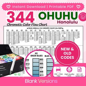 May include: A printable PDF chromatic colour flow chart for 344 Ohuhu Honolulu markers. The chart displays colour codes in a grid, including a zoomed-in section for ice green-blues and blue-greens. A black carrying case filled with markers is shown.