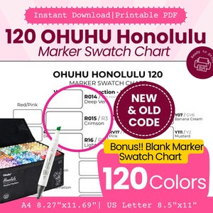 Op de afbeelding: Een afdrukbare PDF met een 120-kleuren marker kleurenkaart. De kaart bevat kleurstalen, een zwarte marker case en een marker. De tekst luidt "OHUHU Honolulu Marker Swatch Chart" en "120 Kleuren".