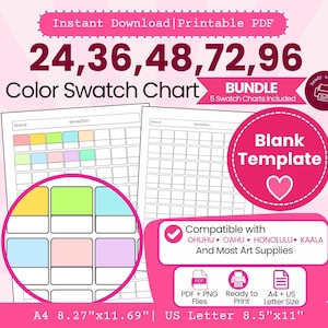 Può includere: Un set di cartelle colori stampabili con modelli vuoti per forniture artistiche. Il documento include griglie per 24, 36, 48, 72 e 96 colori, compatibili con Ohuhu, Oahu, Honolulu e Kaala. Formati A4 21,0 cm x 29,7 cm e US Letter 21,6 cm x 27,9 cm.