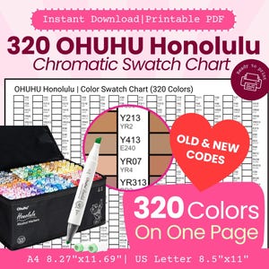 May include: A printable PDF featuring a 320-color swatch chart for OHUHU Honolulu alcohol markers. The design includes a color palette, a marker case, and the text "320 Colors On One Page". The chart is available in US Letter 8.5"x11" size.
