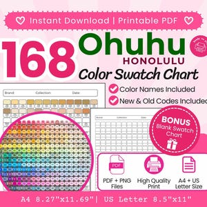 Puede incluir: Una tabla de muestras de colores Ohuhu Honolulu 168 imprimible en formatos PDF y PNG. La tabla incluye nombres de colores, códigos nuevos y antiguos, y una tabla en blanco adicional. Disponible en tamaños A4 21 cm x 29,7 cm y US Letter 21,6 cm x 27,9 cm.