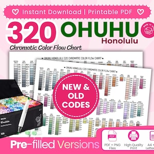 May include: A printable PDF color flow chart for 320 Ohuhu Honolulu alcohol markers. The document displays a grid of color swatches with codes, including a section labeled NEW & OLD CODES. A black marker case and a single marker are also shown.