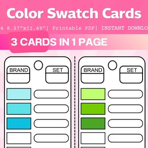 Puede incluir: Tarjetas de muestra de color con el texto "Color Swatch Cards" y "3 CARDS IN 1 PAGE". Las tarjetas tienen espacios para muestras de color, nombres de marcas y conjuntos. Tamaño de papel A4, 21 x 29,7 cm.