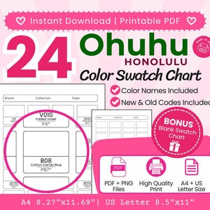 Könnte beinhalten: Eine druckbare 24 Ohuhu Honolulu Farbmustertabelle im PDF-Format. Das Dokument enthält Farbnamen, neue und alte Codes sowie eine zusätzliche leere Tabelle. Erhältlich in den Größen A4 21,0 cm x 29,7 cm und US Letter 21,6 cm x 27,9 cm.