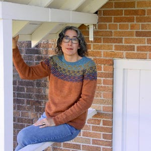 Puede incluir: Primer plano de un suéter de punto con un patrón geométrico en tonos azules y morados.