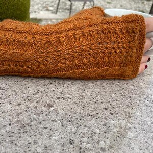 May include: A pair of brown knitted fingerless gloves with a lacy pattern.