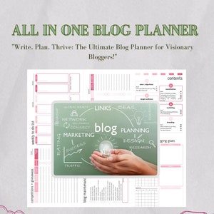May include: All-in-one blog planner with 143 templates. The planner includes sections for weekly to-do lists, content planning, and blog research. The design features a lightbulb graphic and the text "Write, Plan, Thrive: The Ultimate Blog Planner for Visionary Bloggers!"