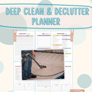 May include: A planner with the text "DEEP CLEAN & DECLUTTER PLANNER" in teal. The planner includes sections for cleaning supplies, home maintenance, and a master cleaning list. It also features a "30 Days Declutter Challenge" with a rainbow theme and a laundry room section.