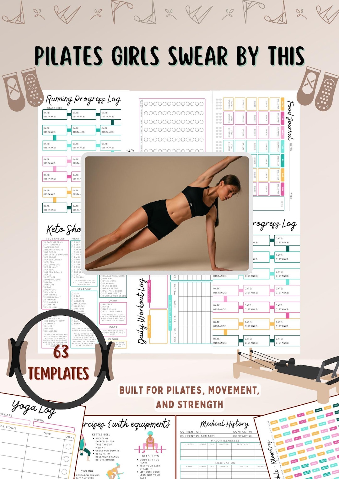 Pilates Planner | Undated Workout &amp; Exercise Tracker | Track Workouts, Weekly Daily Planner ...