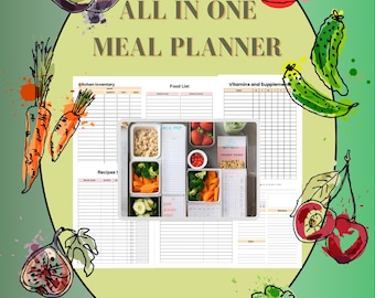 Weekly Meal Planner Printable | Google Sheets Recipe Journal, Calorie Tracker & Food Inventory | Automatic Grocery List Spreadsheet