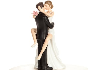 Excited Kissing Bride and Groom Funny Wedding Cake Topper Figurine - Custom Painted Hair Color Available