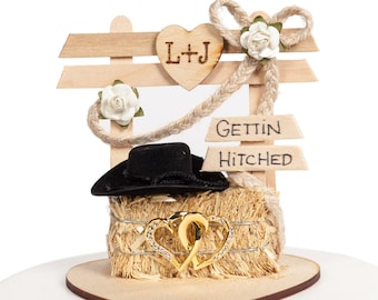 Personalized Custom Bride and Groom Initials Western Affection Wedding Cake Topper - Country Western Barn Cowboy Barnyard Rustic Weddinghay