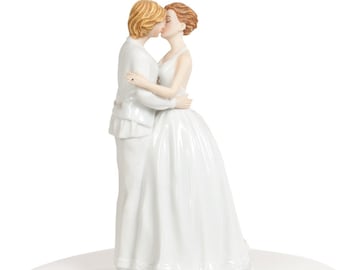 Romance Gay Lesbian Wedding Cake Topper - Two Brides - Custom Painted Hair Color Available LGBT