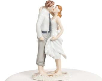 Sand and Shells Bride and Groom Beach Cake Topper Figurine - Custom Painted Hair Color Available