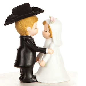 Western Cowboy Bride and Groom Wedding Cake Topper  - Custom Painted Hair Color Available - Country Barn Farm Barnyard Rustic Wedding