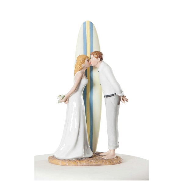 Summer Lovin Surfer Surfing Surf Board Bride and Groom Beach Wedding Cake Topper Figurine - Custom Painted Hair Color Available