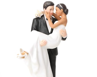 Caucasian Groom Holding African American Bride Interracial Wedding Cake Topper Figurine - Custom Painted Hair Color Available