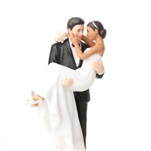 Caucasian Groom Holding African American Bride Interracial Wedding Cake Topper Figurine - Custom Painted Hair Color Available