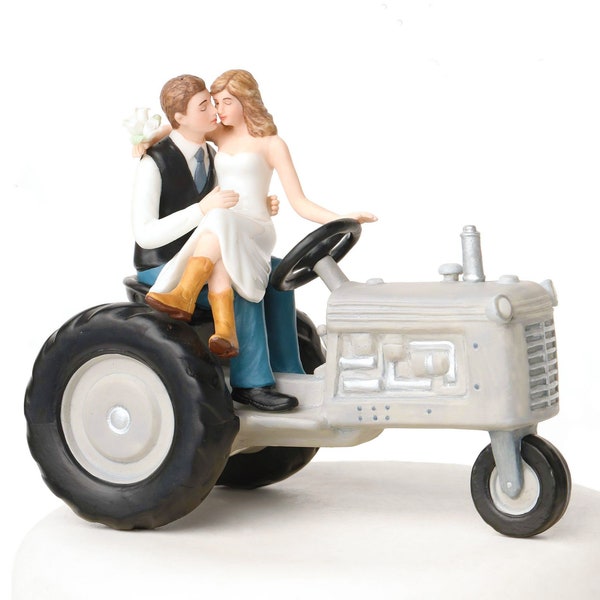 Tractor Country Western Farm Bride and Groom Wedding Cake Topper Figurine -  Custom Hair Color Available - Cowboy Barnyard Rustic Wedding