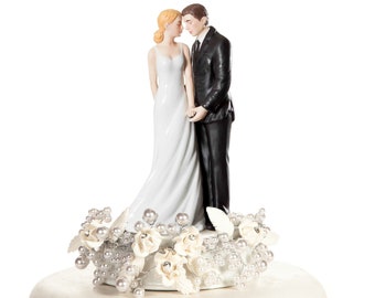 Vintage Rose Pearl Wedding Cake Topper - Custom Painted Hair Color Available