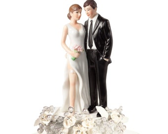 Vintage Rose Pearls Tender Touch Wedding Cake Topper - Custom Painted Hair Color Available