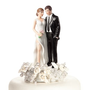 Vintage Rose Pearls Tender Touch Wedding Cake Topper - Custom Painted Hair Color Available