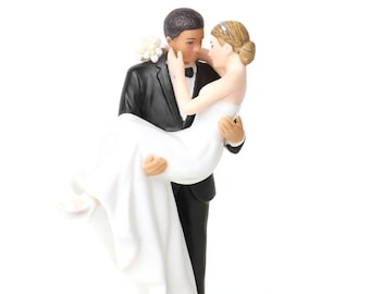 African American Groom Holding Caucasian Bride Interracial Wedding Cake Topper Figurine - Custom Painted Hair Color Available