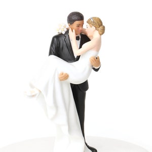 African American Groom Holding Caucasian Bride Interracial Wedding Cake Topper Figurine Custom Painted Hair Color Available image 1