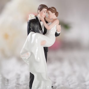 Groom Holding Bride Traditional Wedding Cake Topper Figurine - Custom Painted Hair Color Available