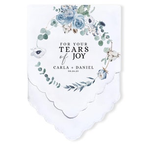 Personalized Wedding Handkerchief Keepsake with Something Blue Bouquet Wreath Design - Thoughtful Gift for Mother of The Bride, Mom, and Wed
