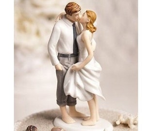 Beach Get Away Bride and Groom Wedding Cake Topper Figurine - Custom Painted Hair Color Available