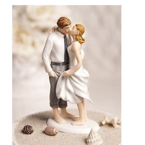 Beach Get Away Bride and Groom Wedding Cake Topper Figurine - Custom Painted Hair Color Available
