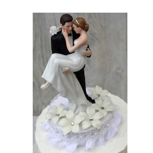 Stephanotis Cake Topper with Groom Holding Bride - Custom Painted Hair Color Available