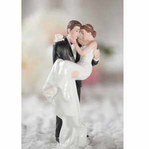 Groom Holding Bride Traditional Wedding Cake Topper Figurine - Custom Painted Hair Color Available
