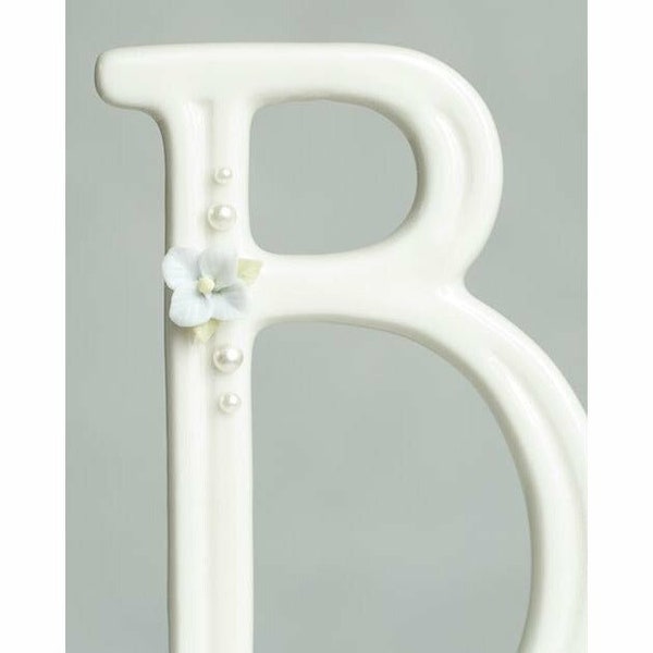 Light Blue Hydrangea and Pearl Accented Porcelain Monogram Cake Topper - Cottagecore - Bridgerton