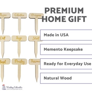 May include: Set of 9 wooden plant markers with gold lettering. The markers are labeled with the names of herbs: Thyme, Cilantro, Oregano, Dill, Sage, Mint, Basil, Parsley, and Rosemary. The markers are made in the USA and are ready for everyday use.  The text "PREMIUM HOME GIFT" is at the top of the image.  The text "Made in USA", "Memento Keepsake", "Ready for Everyday Use", and "Natural Wood" are in boxes below the markers.
