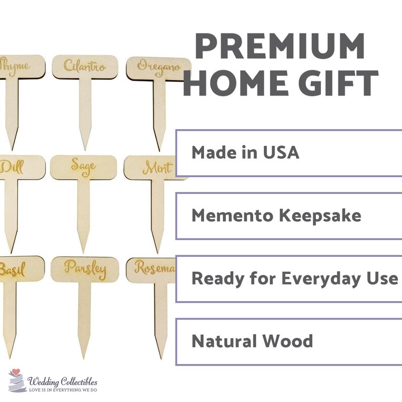 May include: Set of 9 wooden plant markers with gold lettering. The markers are labeled with the names of herbs: Thyme, Cilantro, Oregano, Dill, Sage, Mint, Basil, Parsley, and Rosemary. The markers are made in the USA and are ready for everyday use.  The text "PREMIUM HOME GIFT" is at the top of the image.  The text "Made in USA", "Memento Keepsake", "Ready for Everyday Use", and "Natural Wood" are in boxes below the markers.