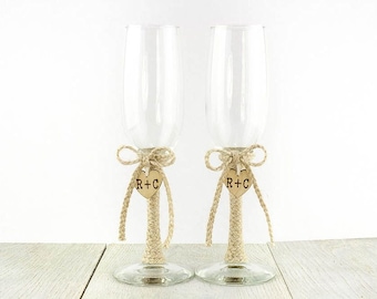 Custom Personalized Rustic Rose Lasso Wedding Toasting Glasses Champagne Flutes - Country Western Barn Farm Cowboy Barnyard Rustic Wedding