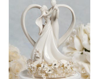 Vintage Rose Pearl and Heart Modern Minimalist Maximalist Bride and Groom Wedding Cake Topper