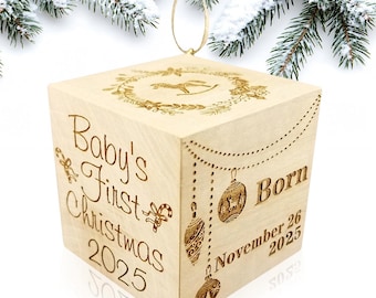 Custom Engraved Gift Baby's First Christmas Ornament 2025 (or Any Year) Wood Baby Block (2”)