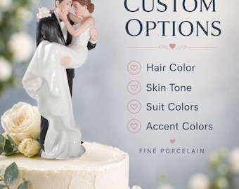 Groom Holding Bride Traditional Wedding Cake Topper Figurine - Custom Painted Hair Color Available