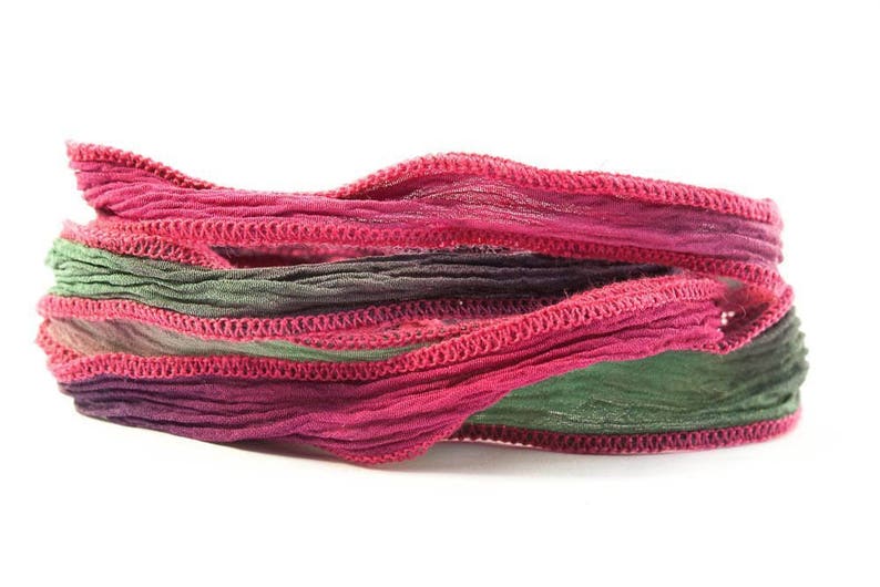 Fuchsia Bloom Handmade Silk Ribbon Cherry Red, Green, Eggplant with Cherry Red Edges image 1