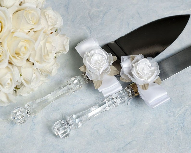 55102 Custom Engraving Available Rose Plush Satin and Organza Cake Server Set